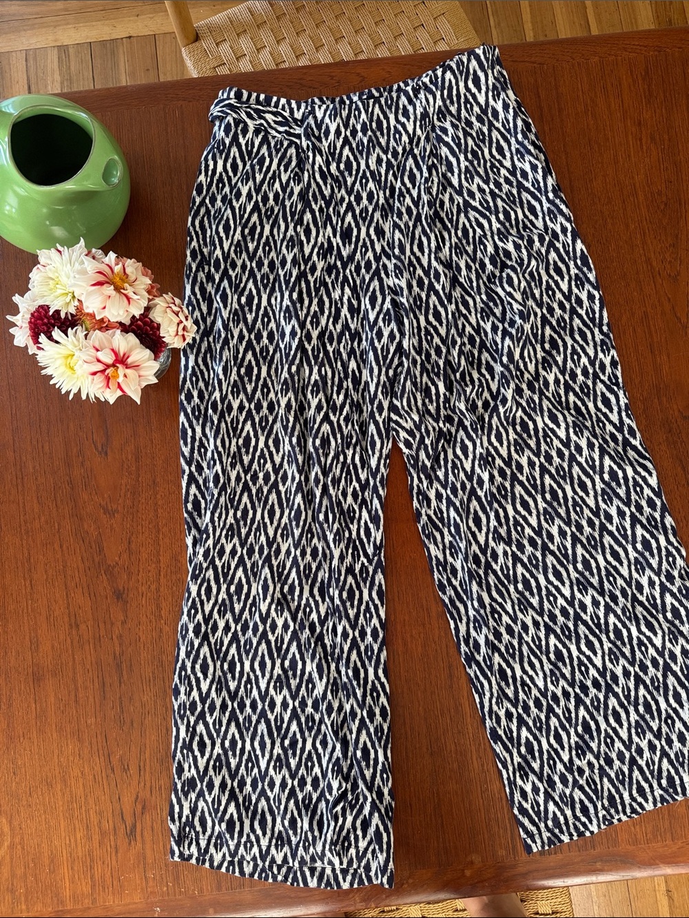 Banana Republic Navy and White Ikat Printed Wide-Leg Palazzo Pants